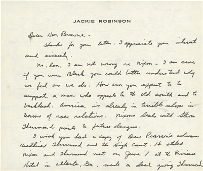 1968 Jackie Robinson Signed Handwritten Letter Criticizing Then Candidate Richard Nixon Associating With Strom Thurman on Personal Stationery With Envelope Addressed To Ken Browne (Beckett)